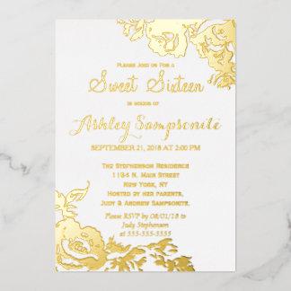 Elegant Simple Modern Roos Floral Gold Sweet 16 Folie Uitnodiging
