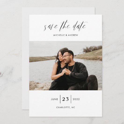 Elegant Simple Moderne Script Photo Wedding Save T Save The Date (Voorkant / Achterkant)