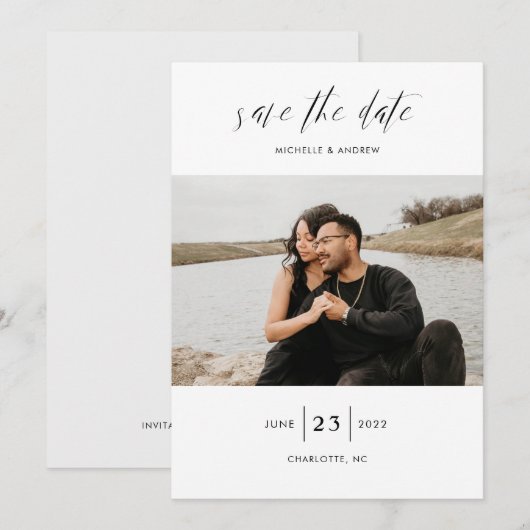 Elegant Simple Moderne Script Photo Wedding Save T The Date (Voorkant / Achterkant)