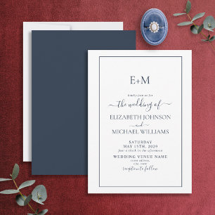Elegant Simple Navy Blue Formal Monogram Weddensch Kaart