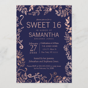 Elegant Simple Navy Blue Roos Gold Floral Sweet 16 Kaart