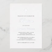 Elegant Simple Navy Blue Silver Cross Baptisme Folie Uitnodiging (Voorkant)