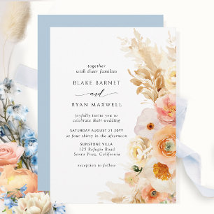 Elegant, Simple Peach, Blush, Cream, Blue Wedding Kaart