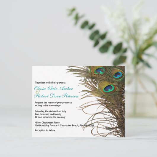 Elegant Simple Peacock Feathers Weddenschap Kaart (Staand voorkant)