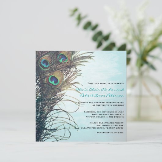 Elegant Simple Peacock Feathers Weddenschap Kaart (Staand voorkant)