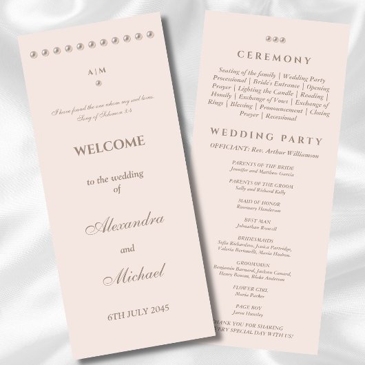 Elégant Simple Pearl Christian Wedding Programme