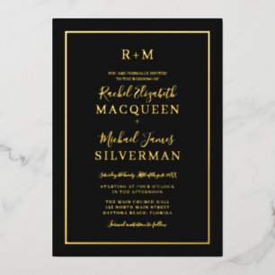 Elegant Simple Real Gold Border Black Wedding Folie Uitnodiging