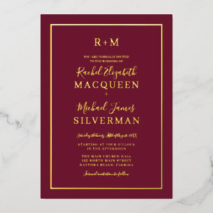 Elegant Simple Real Gold Border Burgundy Wedding Folie Uitnodiging