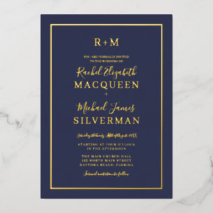 Elegant Simple Real Gold Border Navy Blue Wedding Folie Uitnodiging