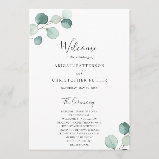 Elegant Simple Sage Greenery Eucalyptus Wedding Programma (Voorkant)