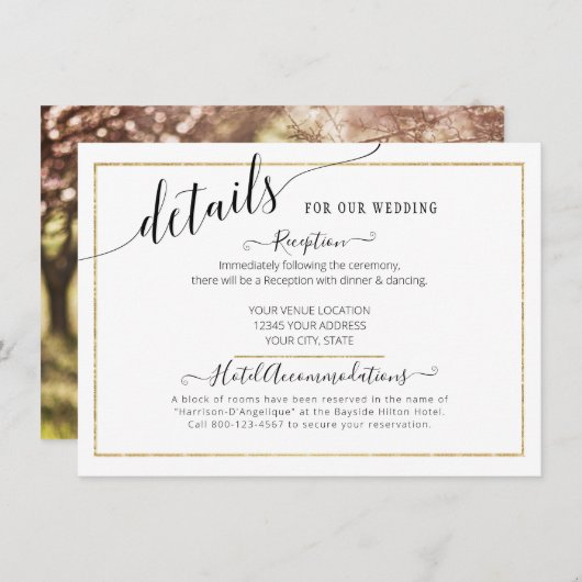 Elegant Simple Script Gold Glitter Weddenschap Det Informatiekaartje (Voorkant / Achterkant)