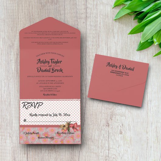 Elegant Simple Script Roze Moderne Floral Wedding All In One Uitnodiging