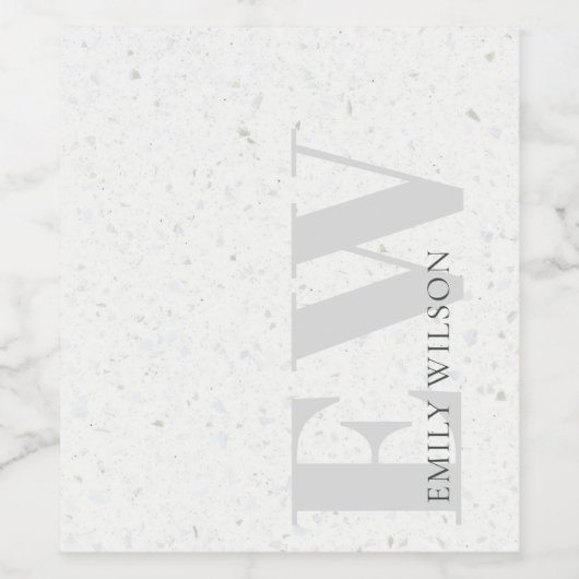 Elegant Simple Terrazzo Stone Grey Name Monogram Wijn Etiket (Enkel label)