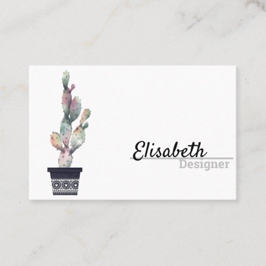 Elegant Simple Waterverf Cactus Script Boho Pots Visitekaartje (Voorkant)