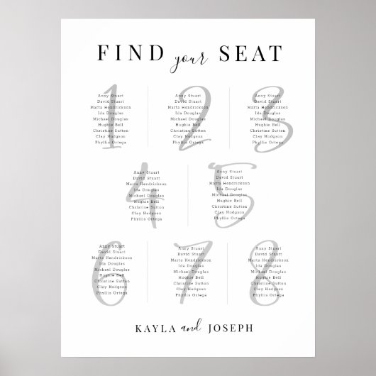 Elegant Simple Wedding 8 Table Seating Chart Sign Poster (Voorkant)