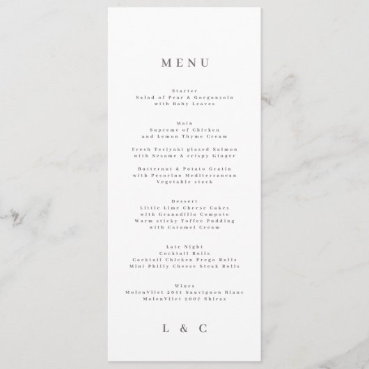 Elegant Simple White Monogram Weddenschap Menu (Voorkant)