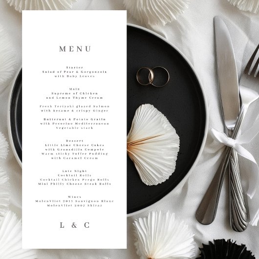 Elegant Simple White Monogram Weddenschap Menu