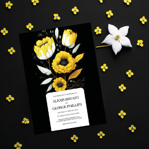 Elegant Simple Yellow White Black Flowers Weddensc Kaart