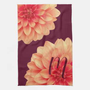 Elegant Sinaasappel Dahlias Flowers Burgundy Monog Theedoek