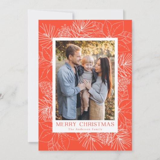 Elegant Sinaasappel Poinsettias en dennenappels Fo Feestdagenkaart (Voorkant)