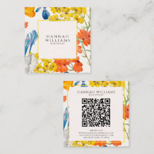 Elegant Sinaasappel QR Code Bloemen Patroon Modern Vierkante Visitekaartje