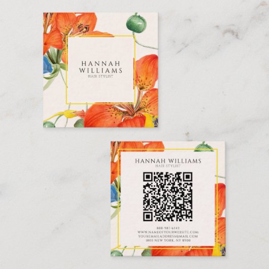 Elegant Sinaasappel QR Code Waterverf Bloemen Vierkante Visitekaartje (Voorkant / Achterkant)