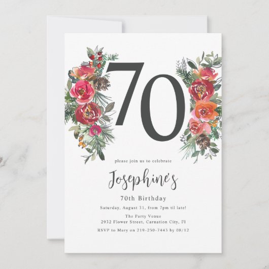 Elegant Sinaasappel & Rode Bloemen 70ste Verjaarda Kaart (Voorkant)