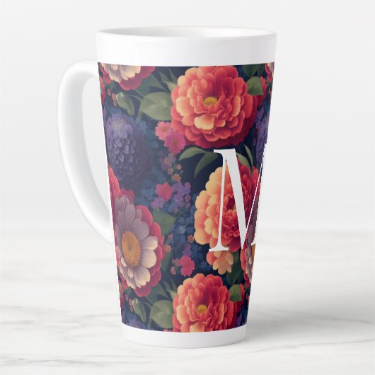 Elegant sinaasappel rood bloemenromantisch monogra latte mok (Linkerhoek)