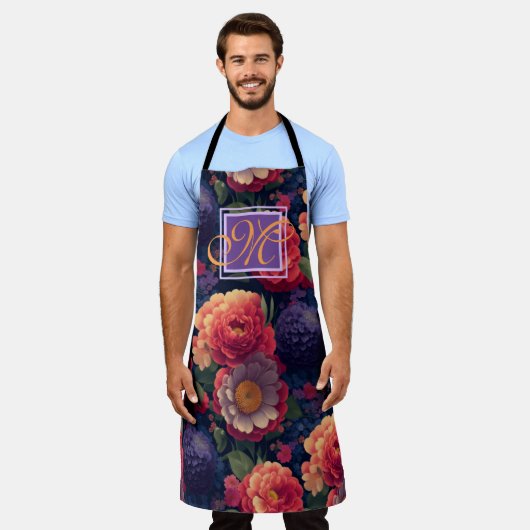 Elegant sinaasappel rood bloemenromantisch monogra schort (Gedragen)