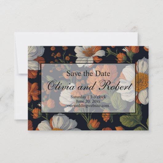 Elegant sinaasappel wit zwart  bloemig save the date (Voorkant)