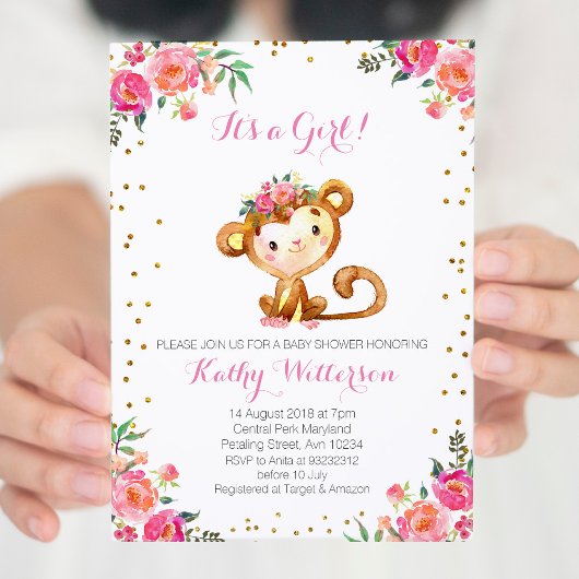Elégant Singe Rose Baby Girl Douche Invitation