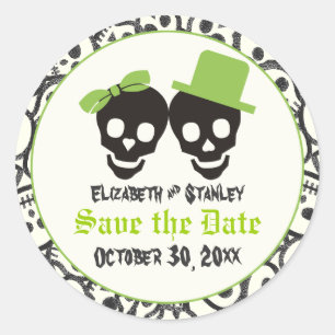 Elegant skulls Halloween bruiloft Save the Date Ronde Sticker