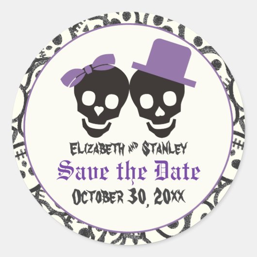 Elegant skulls Halloween bruiloft Save the Date Ronde Sticker (Voorkant)