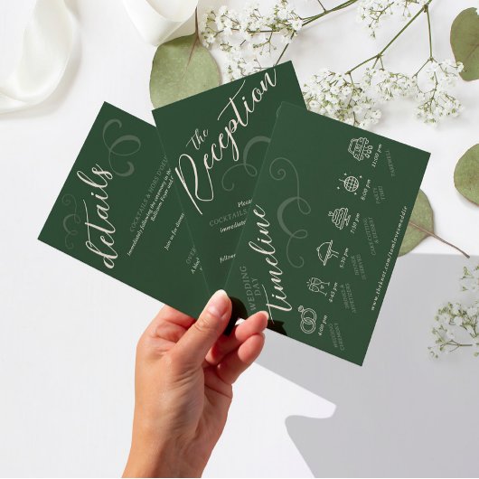Elegant Slant Script Donker Groen Bruiloft Details Informatiekaartje