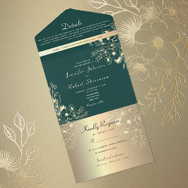 Elegant Smaragd Groen Bloemen Bruiloft All In One Uitnodiging