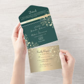 Elegant Smaragd Groen Bloemen Bruiloft All In One Uitnodiging (Afscheurbaar)