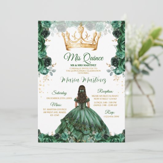 Elegant Smaragd Groen Bloemen Gouden Kroon Mis Qui Kaart (Staand voorkant)