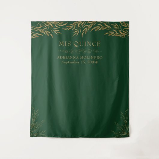 Elegant Smaragd Groen en Goud Blad Mis Quince Wandkleed (Voorkant)