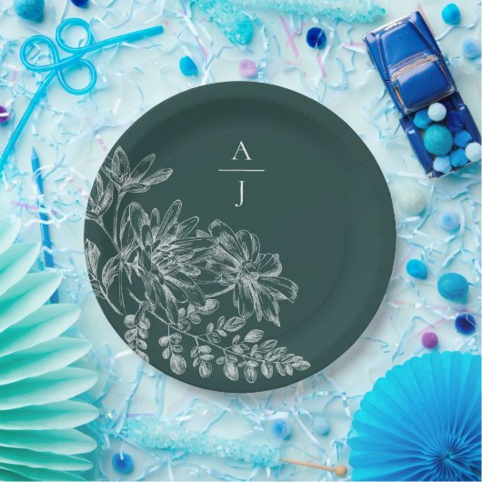 Elegant Smaragd Groen Monogram Bloemen Papieren Bordje (Feest)