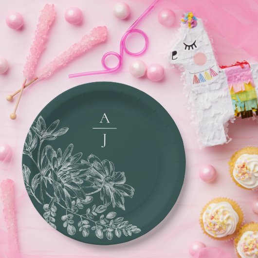 Elegant Smaragd Groen Monogram Bloemen Papieren Bordje (Feest)