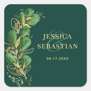 Elegant smaragdgroen en gouden eucalyptus bruiloft vierkante sticker