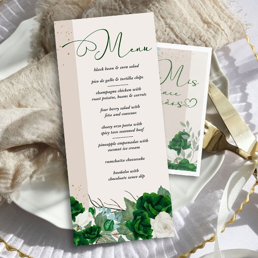 Elegant Smaragdgroen en Ivoor Rozen Bloemen Menu