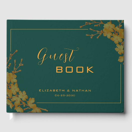 Elegant Smaragdgroen & Gouden Bloemen Gastboek Gastenboek (Voorkant)