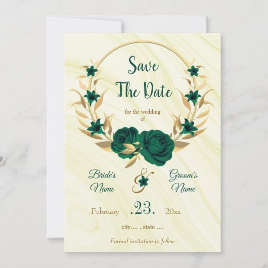 elegant smaragdgroen goudflormond save the date (Voorkant)