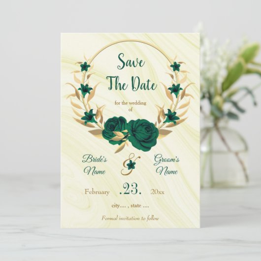 elegant smaragdgroen goudflormond save the date (Staand voorkant)