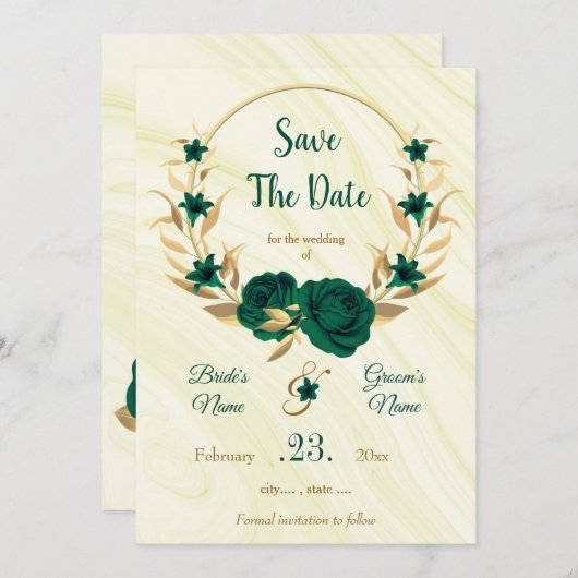 elegant smaragdgroen goudflormond save the date (Voorkant / Achterkant)