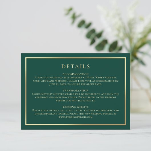 Elegant Smaragdgroen Horizontaal Klassiek Goud Informatiekaartje (Staand voorkant)