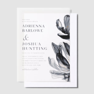 Elegant Smoky Flowers Side Text Navy Weddenschap Vellum Uitnodigingen