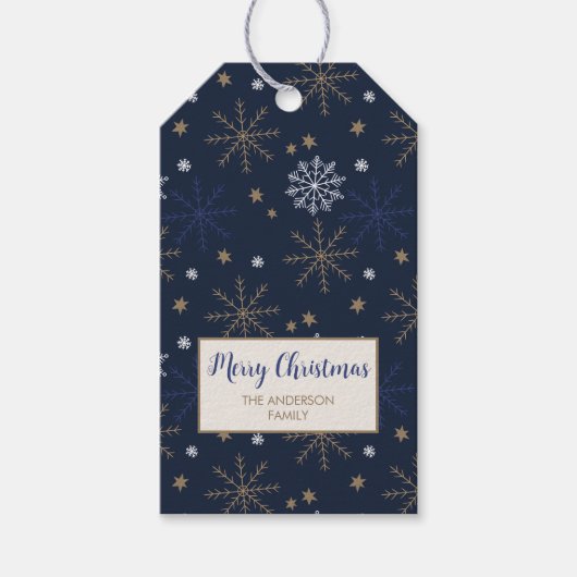 Elegant sneeuwvlok patroon Donkerblauw Label Cadeaulabel (Voorkant)