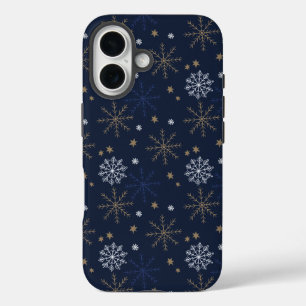 Elegant sneeuwvlokpatroon donkerblauw iPhone 16 hoesje